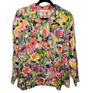 LIZ CLAIBORNE Floral Button Up Shirt | Size 16 | Long Sleeves | Gauzy | Vibrant